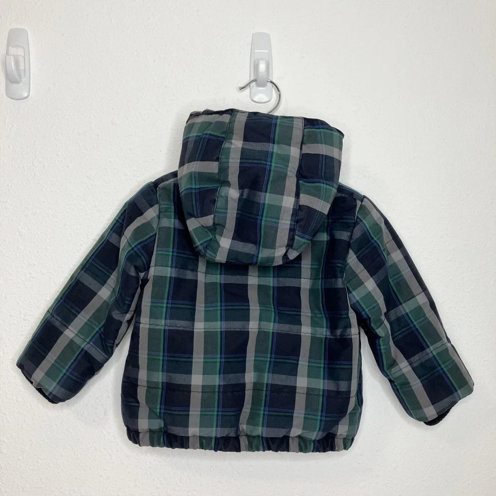 Jacadi Paris Hooded Puffer Jacket Navy &‎ Green Plaid Winter Outerwear 18 Months